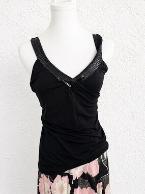 Suzy Shier Black Sequin Trim Tank Top Y2K Elegant Minimalist M